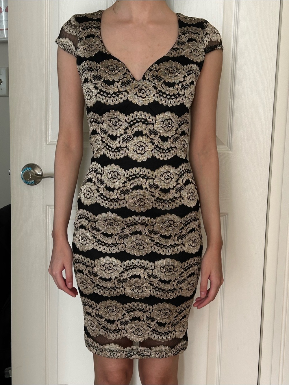 Lovely Day Gold and Black Bodycon Midi Cap Sleeve Dress